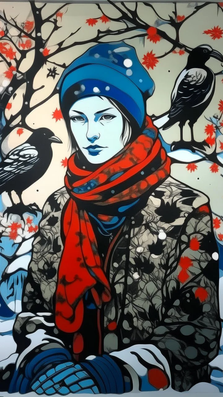 A contemporary serigraphy portrait by Kunisada painted by Matisse of a crow adorned in a punk leather jacket within a snowy Christmas atmosphere.