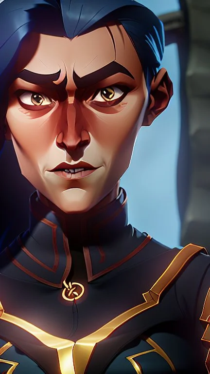 A tall human woman with tanned skin. Her face, marked by the years, always has a smirk on it, showing her superiority in the eyes of the others. She is dressed in grey armor and wears a cape.