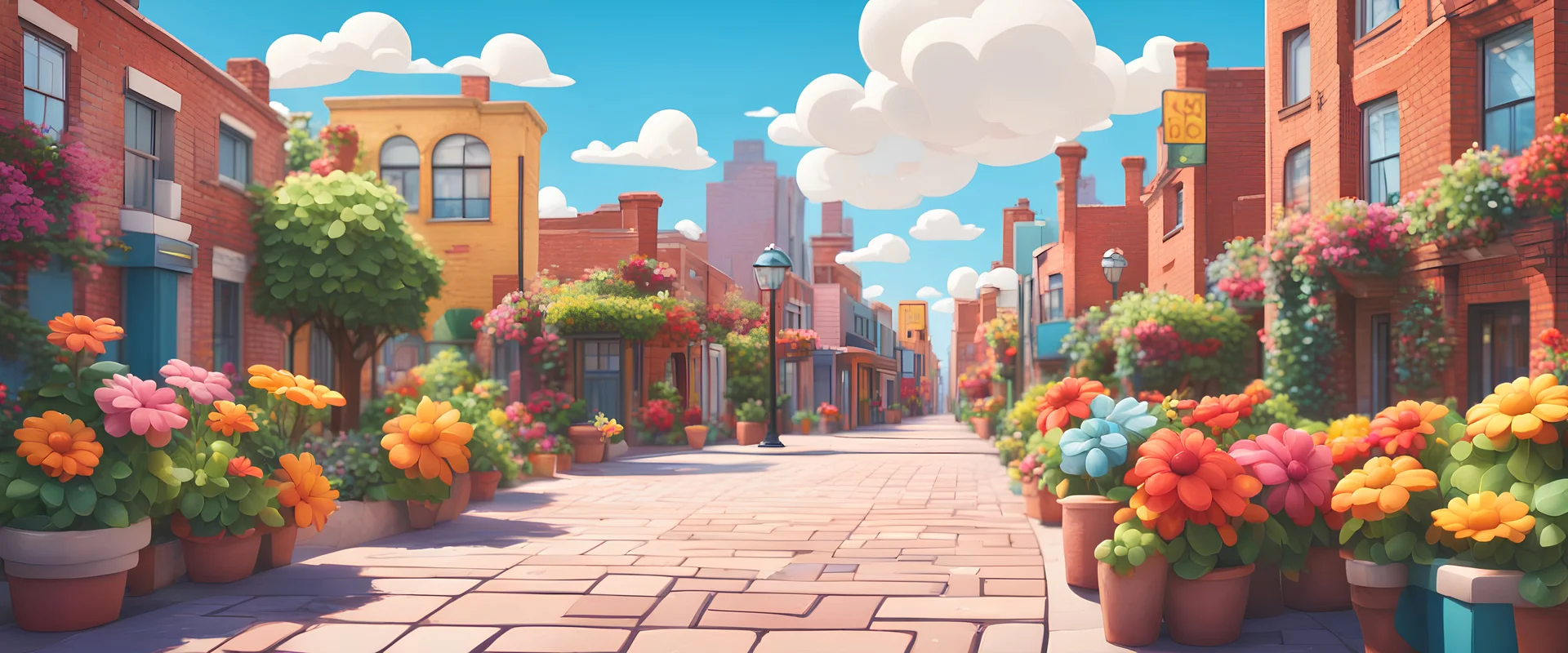 Background: sidewalk in a fun colorful city on a bright sunny day landscape, clouds, plants, paved sidewalk, cartoon asset, clean Details: large colorful flowers potted, bricks, quirky cartoon graphic buildings. Camera: frontal angle, 45°, 35 mm. Lighting: high noon sun, LED lights.