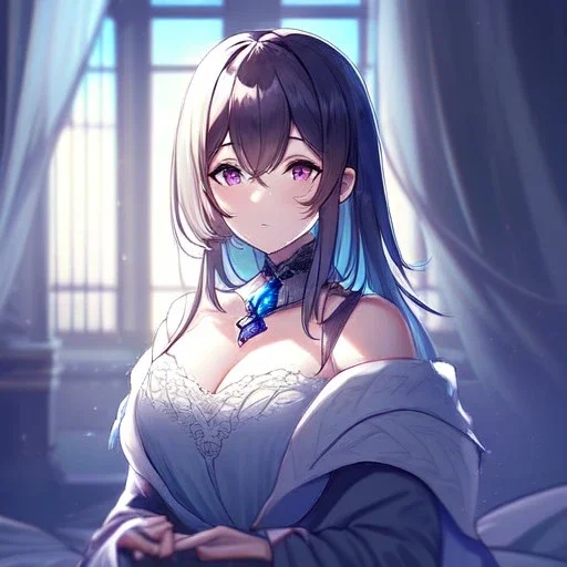 Clear focus, High resolution, [1girl], [solo], {cute art style},{in bedroom},{{{ultra detailed}}},{{masterpiece}}, {{ultra detailed}}, {ultra quality}, {dramatic shadows}, {cinematic lighting}, intricate expression,(wearing a off-shoulder maid outfit),({{{Close up of eye}}},(Medium length brown hair, kinda purple, fluffy, hair between eyes),(Extreme close up of face),[Wearing a short skirt]