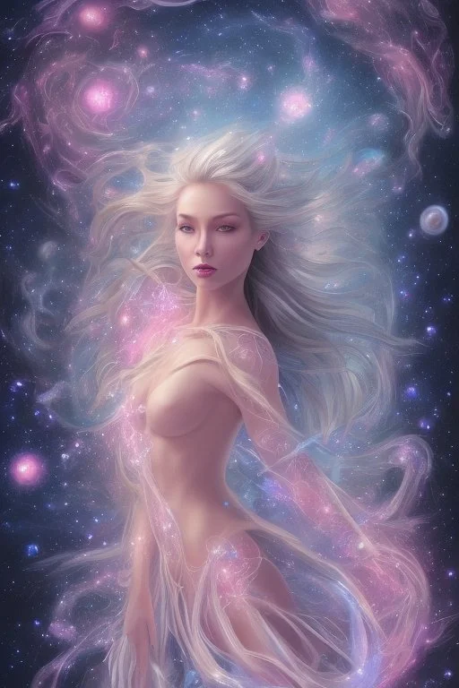 Create an image of a full body cosmic Goddess. The goddess should be depicted as a beautiful and powerful figure, surrounded by cosmic stars. Her hair should be long, blond and flowing, and she should be dressed in a flowing gown blue celestial robe. In the background, include imagery of pink flowers, blue sky,trees. The image should evoke a sense of joy, celebration, and spiritual connection to nature.