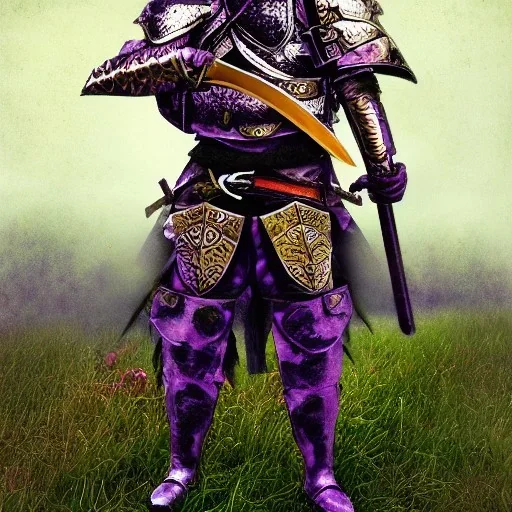 chicken in plate armor with sword, dark fantasy, high resolution, violet tones