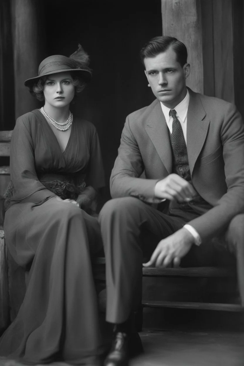 Up close Black and white photo of a serious couple sitting for portrait shoot in the 1920s