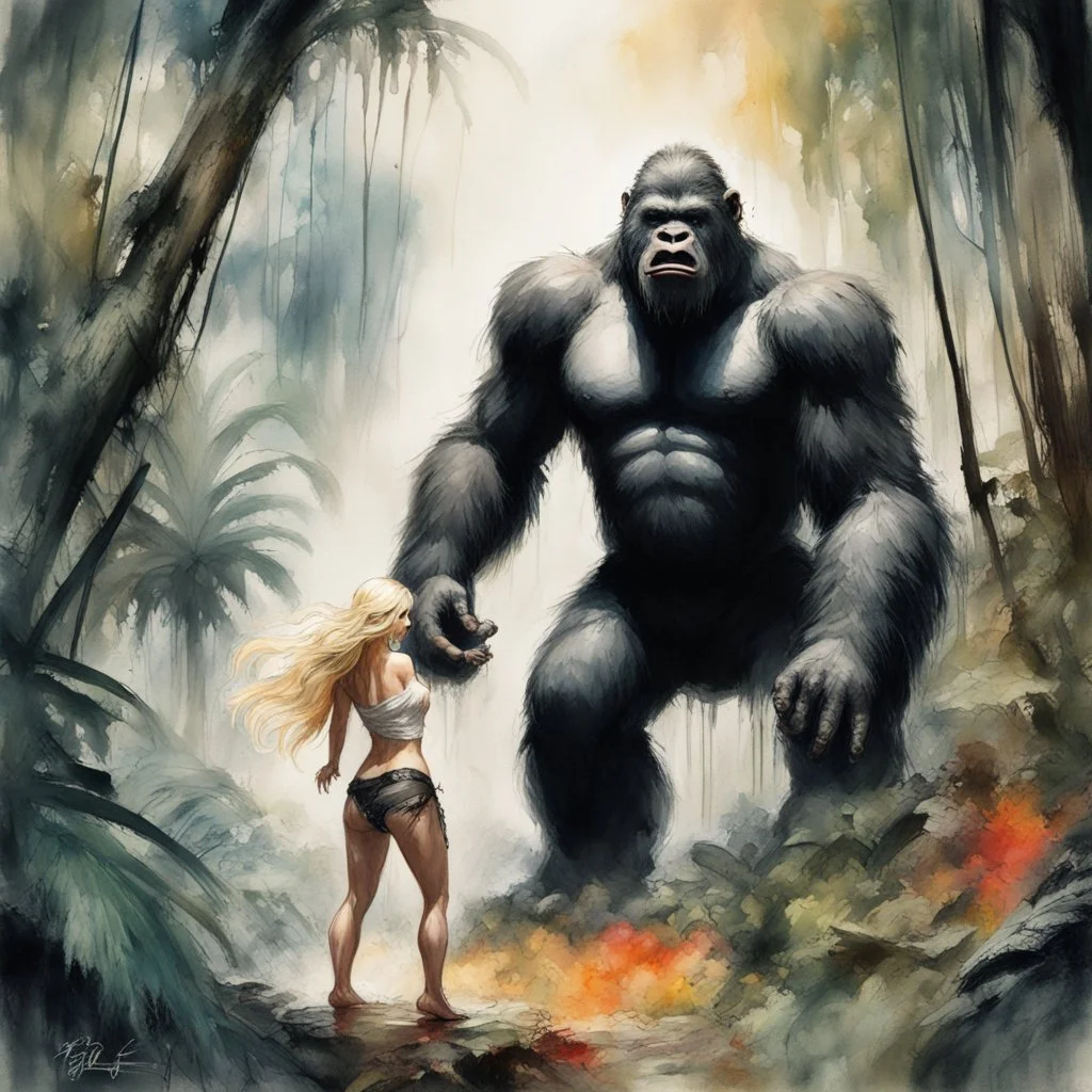 brush stroke Watercolor and ink illustration, Epic, long shot perspective of King Kong standing opposite a beautiful blonde femme fatale in a jungle clearing, art by luis royo and Renoir and Greg Rutkowski, trending on artstation, dynamic composition, graffiti art splash art, colorful polychromatic, ink leak, rough strokes, complex contrast, CGSociety, 3d shading