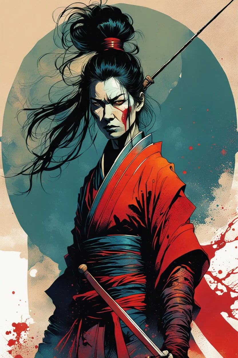 create an imaginative print illustration of an ethereal, otherworldly gaunt and withered ancient female ronin samurai vampire , in the comic book art style of Bill Sienkiewicz, Mike Mignola, and Jean Giraud Moebius, with highly detailed feminine facial features, styled after Sekiro