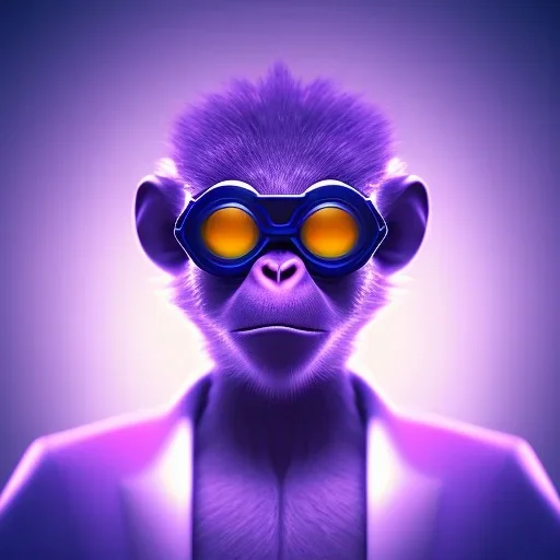 A beautiful portrait of a cute cyberpunk monkey purple blue color scheme, high key lighting, volumetric light