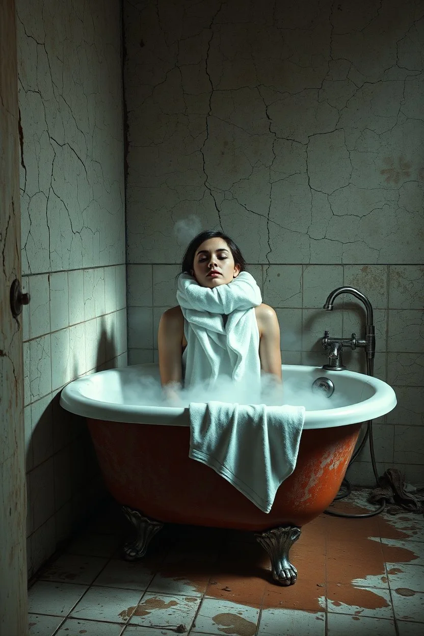 "A very old paints cracked abandoned bathroom , a woman with a towel around her neck half full of water and soup fumes in the tub , insanely detailed octane render trending on artstation, 8k artistic photography, photorealistic concept art, soft natural volumetric cinematic perfect light, chiaroscuro, award-winning photograph, masterpiece, oil on canvas, Raphael, Caravaggio, Greg Rutkowski, people, beksinski, Giger