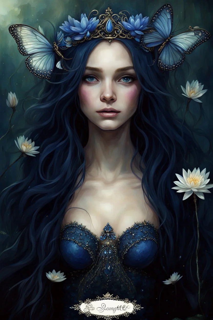 Blue Water lilies Dark blue long hair Dark Fairy princess rapunzel hair queen crown butterflies dragonflies fireflies elven tiara flowers fairy wings saphire