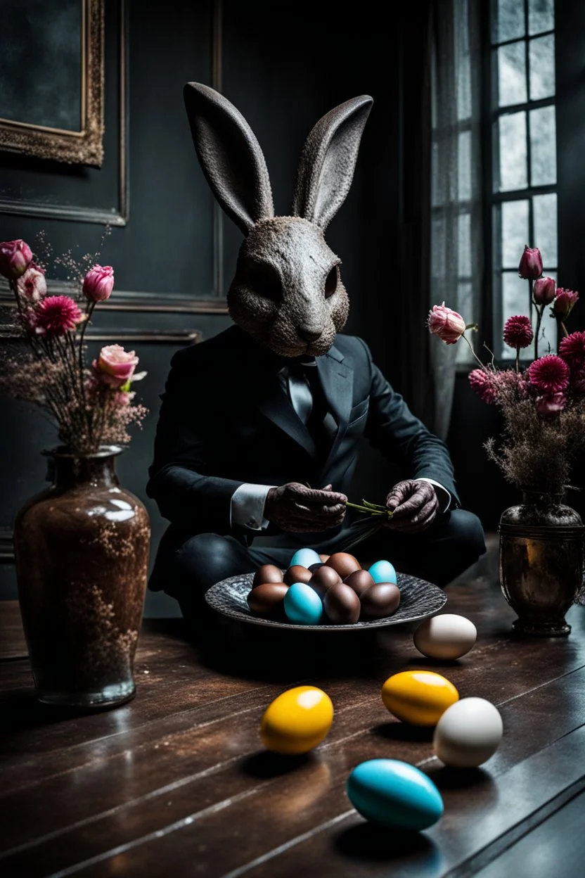 horror figure in rabbit mask sitting on the floor and eating chocolate, around chocolate eggs, brocken glass vase with flowers, volumetric light, dark colors, surreal dark mood, detalied, cinematic