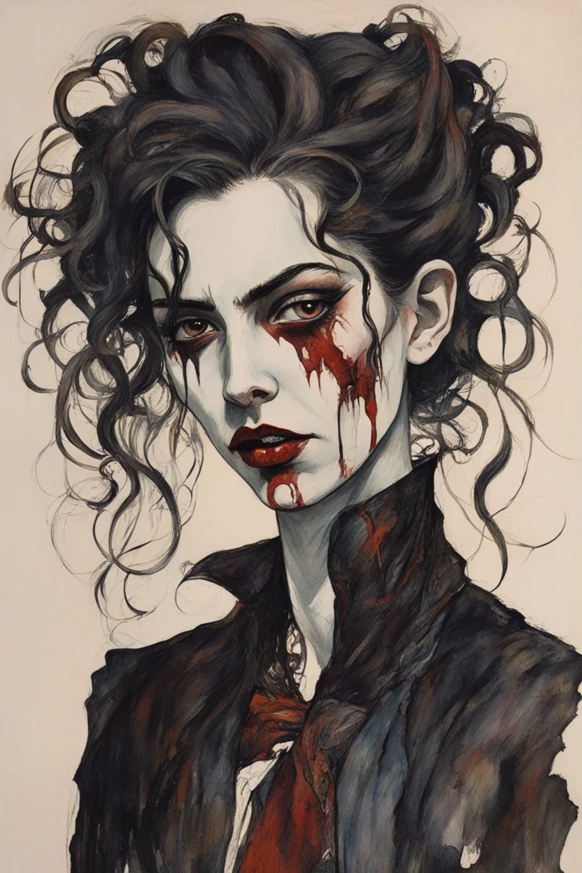 Painting of a Goth vampire girl, with highly detailed hair and facial features in the Expressionist style of Egon Schiele, Oskar Kokoschka, and Franz Marc, with fine ink outlining and muted natural colors