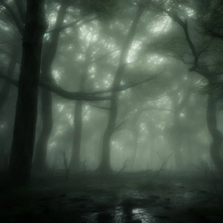 spooky forest, 4k, 8k, highly detailed, cinematic, ultra photorealistic, volumetric lighting, sharp details, mist, trees, depth of field, sun shafts