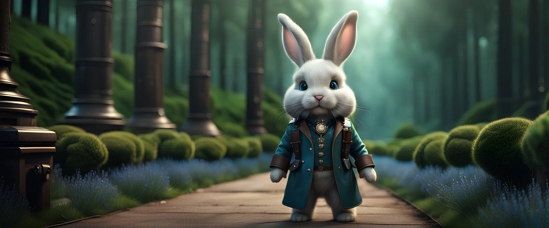 High-end hyperrealism epic cute fluffy rabbit hero holding a bi, Steampunk-inspired cinematic photography, symmetry forest alley background, Aesthetic combination of metallic sage green and titanium blue, Vintage style with brown pure leather accents, Art Nouveau visuals with Octane Render 3D tech, Ultra-High-Definition (UHD) cinematic character rendering, Detailed close-ups capturing intricate beauty, Aim for hyper-detailed 8K