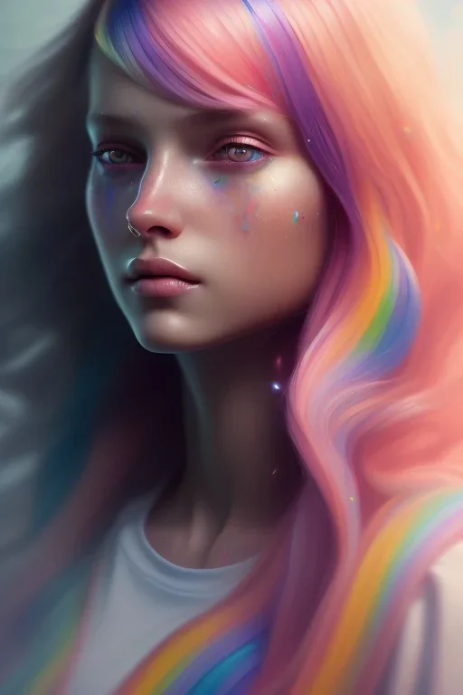 girl, cute, beautiful, long hair, rainbow hair, rainbow dress, third aye, close up portrait by Greg Rutkowski