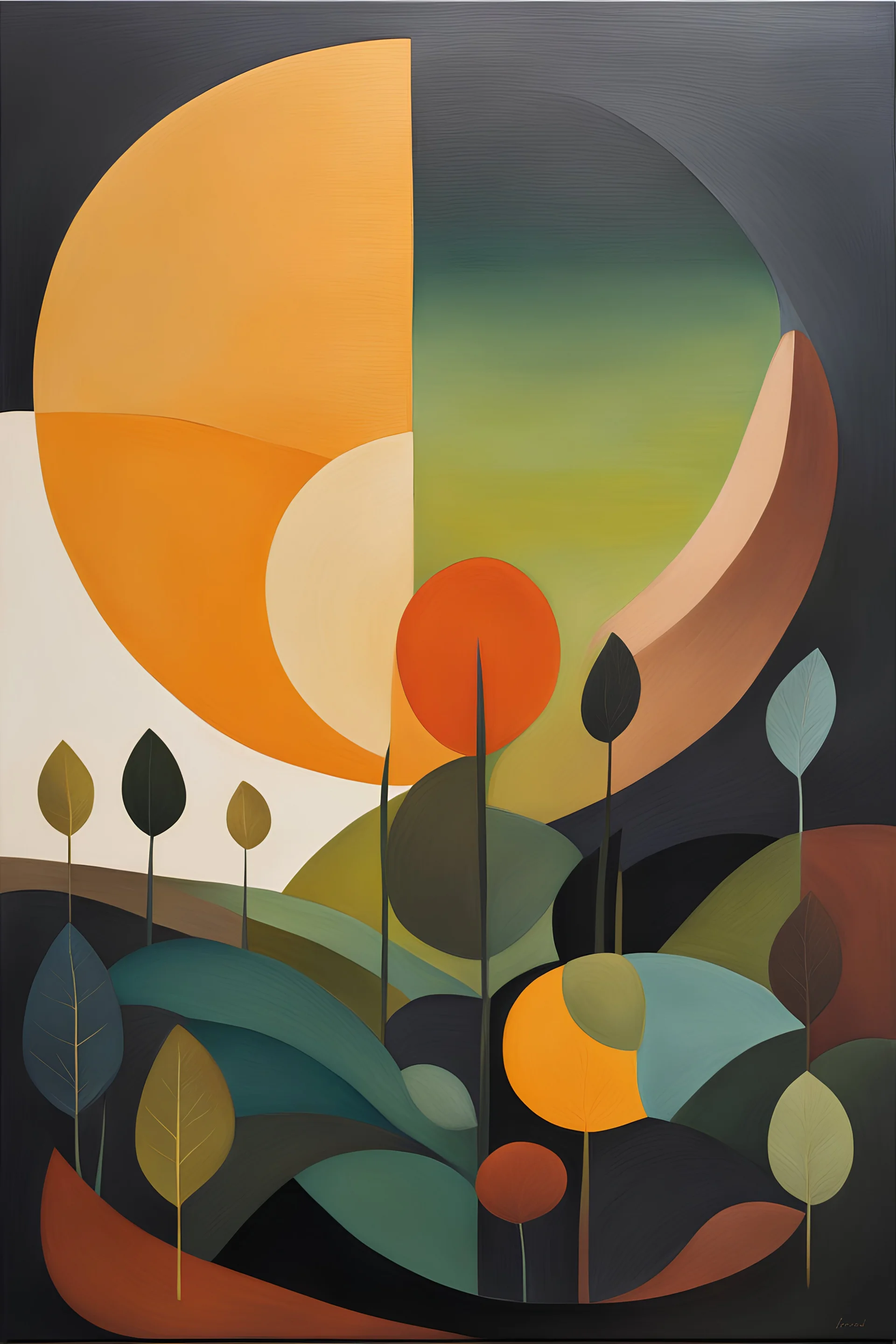 Depict the idea of sustainability and eco-consciousness in a minimalist painting that incorporates organic shapes and earthy colors with vibrant dark shades