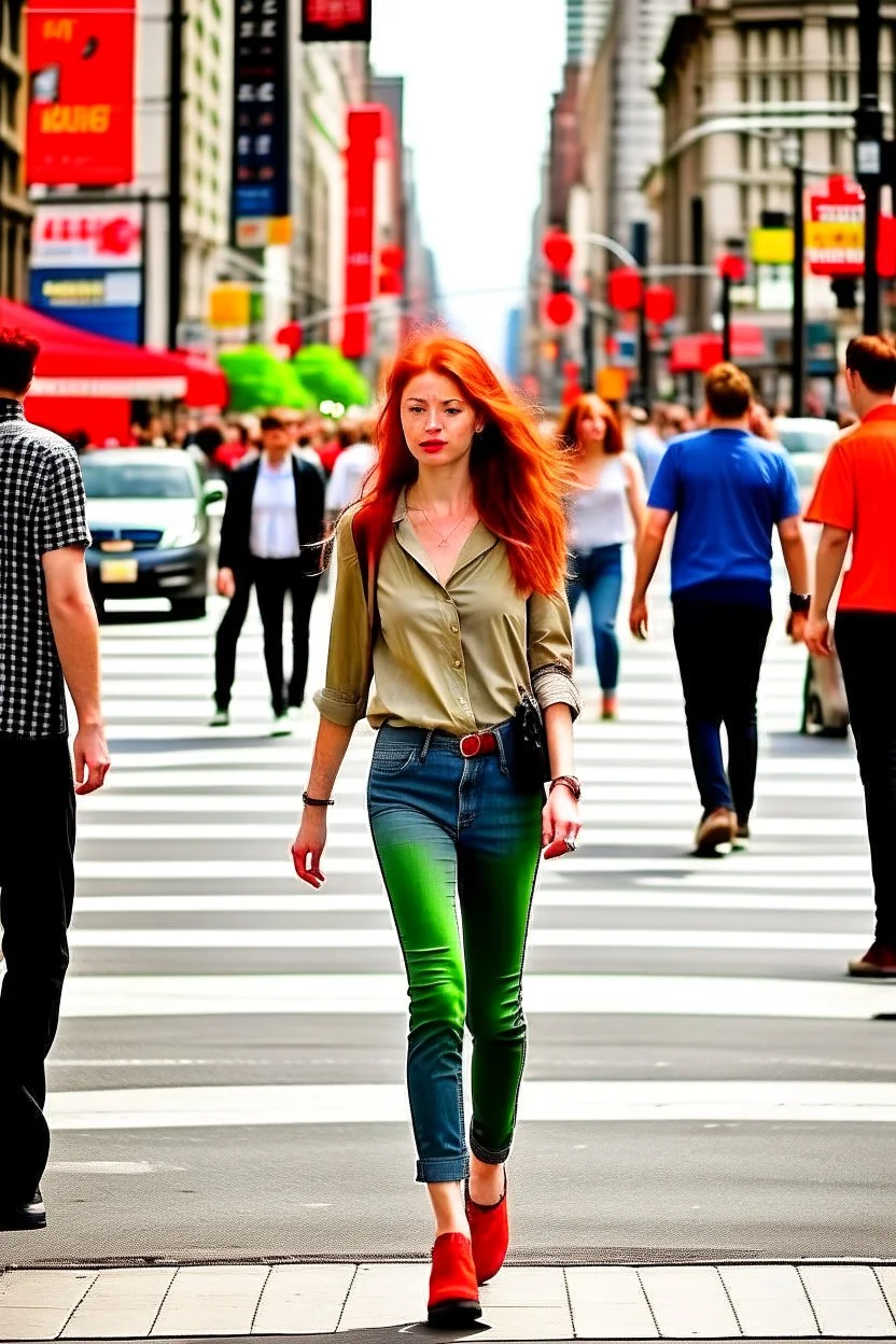 slim redhead woman walking across a busy street