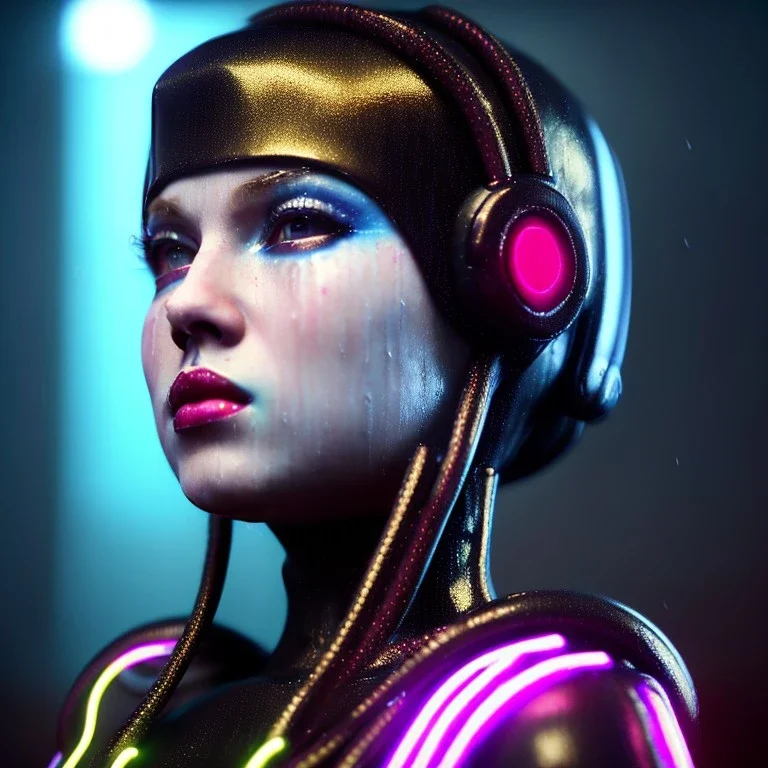 Sweet british cyber woman, young blonde Madonna artist, cold ambient, rain, fog, latex, cables, purpurin, black, gold, rings piercing, yellow, decorative color feathers, circuits, neon style, a lot of led lights, fog, rain, vibrant color, highly detailed, art stations, concept art, smooth, unreal engine 5, god rays, ray tracing, RTX, lumen lighting, ultra detail, volumetric lighting, 3d, finely drawn, high definition, high resolution.