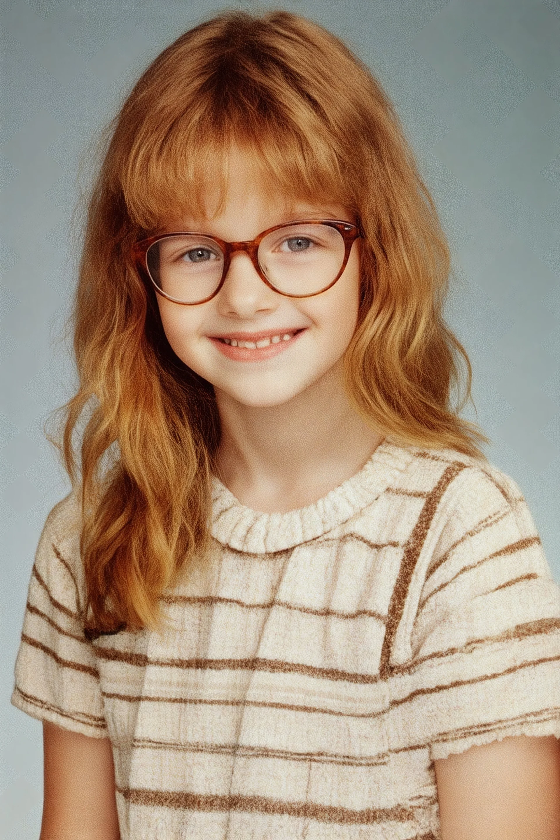 full color image, 1980's yearbook photo, girl, Molly Ringwald, 24 years old, a sly, clever smile on her face, 1980's clothing and hair styles, 4k UHD, photorealistic, (big, full, plump, pouty lips:1.5) big cat-eye eyeglasses, full body, head to toe, full frontal
