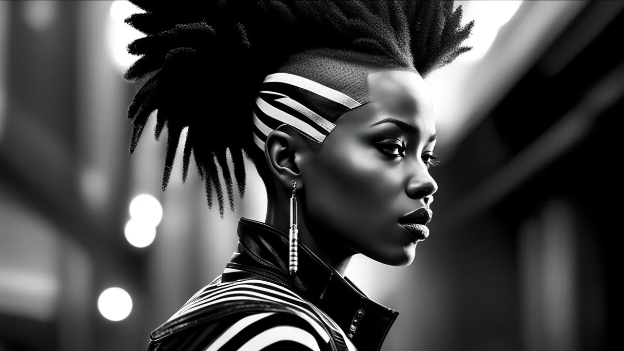 minimal profile of a female African cyberpunk wizard with a striking mohawk hairstyle and intricate shaved patterns on the side of their head, wearing a black and white horizontal thin striped shirt. The background is a blurred, high-contrast mix of black and white lines, suggesting motion and urban settings; overheat, dramatic, cinematic, sudden jolt dynamics, great parallels, great reflections, unsettling shadows, surreal futurist architecture art, surreal liminal space, tribal style,