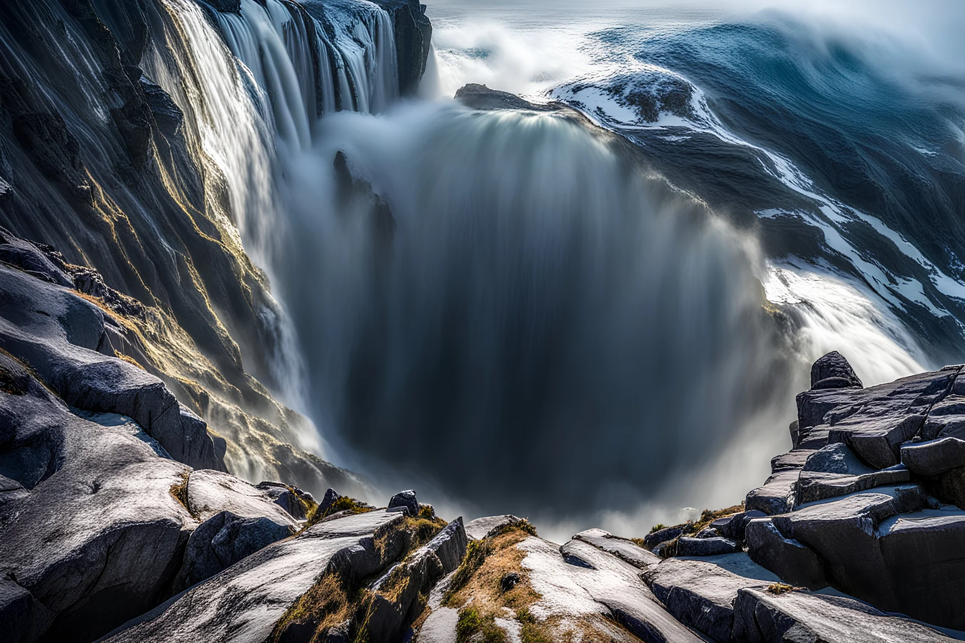 at the base of the rocky mountain peninsula, a great whirlpool waterfalls into deeper unknown depths