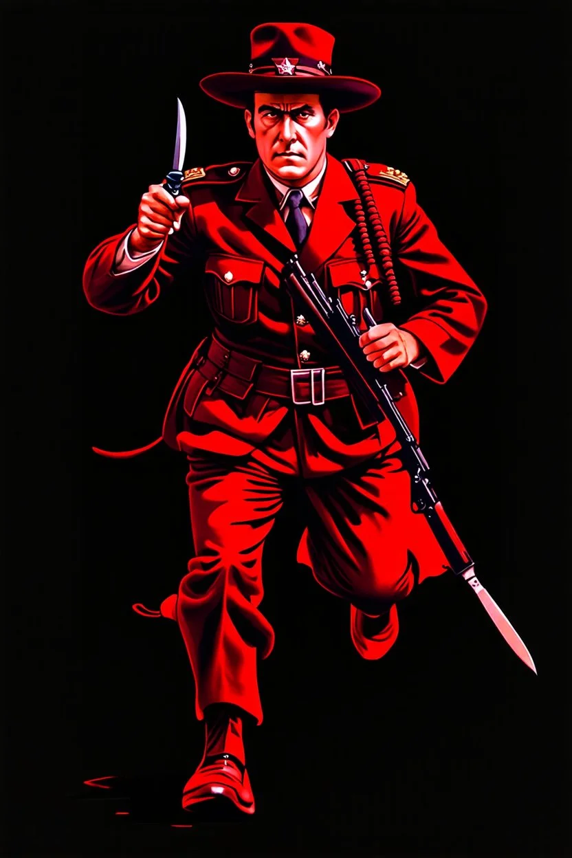 poster of a soldier(uniform and face based on racist steriotypes of mexican soldiers) running towards viewer, a knife i one hand, and a gun(barrel pointing at viewer) in the other. retro poster monochrome with white background
