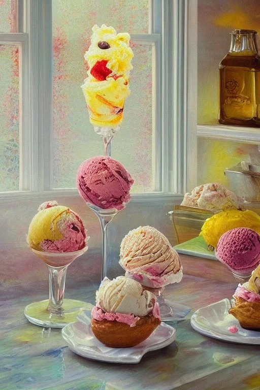 Beautiful ice-cream sundaes on a modern kitchen counter, on embroidered lace, Hyper realistic, oil on canvas award winning fantastic view ultra detailed acrylic art Ultra realistic Impressionism Surrealism simen johan, sharp focus intricate oil on canvas cinematic lighting photorealistic high detail ultra detailed crisp quality in sunshine