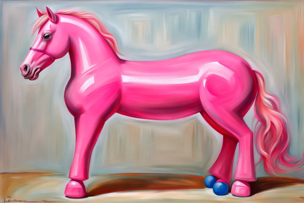 Big pink plastic toy horse.19th painting