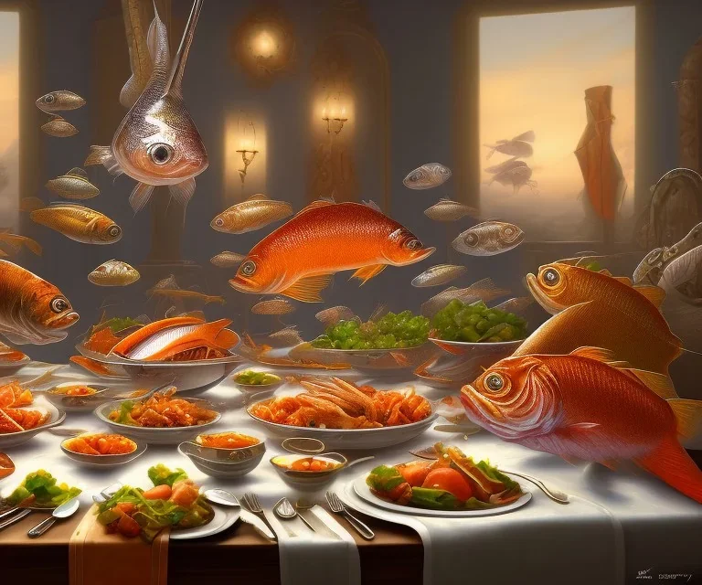 supper, fish sit at the table and eat pieces of people.