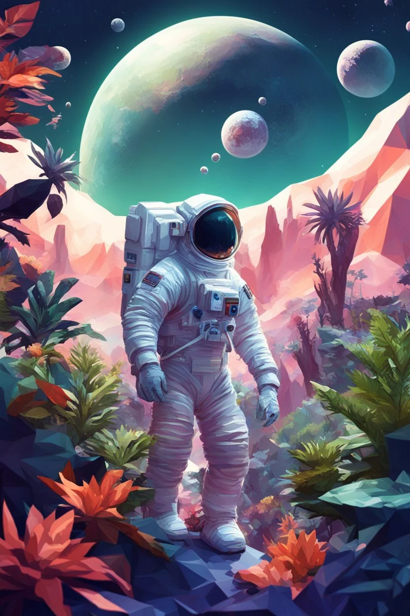 (((close midshot))), (((low poly art:2))), (astronaut), ultra-detailed illustration of an environment on a dangerous:1.2 exotic planet with plants and wild (animals:1.5), (vast open world), astronomer inspired, highest quality, no lines, no outlines candid photography.