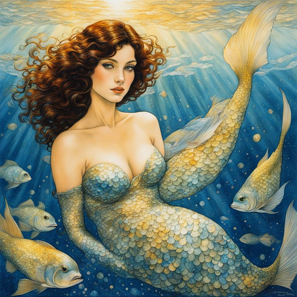 [art by Milo Manara]The mermaid, with her half-fish form, becomes a tantalizing vision of desire. the delicate interplay of light and shadow on her glistening scales, imbuing them with an almost palpable texture. Her eyes, framed by long, seductive lashes, hold a captivating gaze that draws the viewer into the depths of her enigmatic soul. the mermaid's gaze holds the power to unlock hidden desires and secrets, beckoning the viewer to explore the depths of their own imagination.The tattoos adorn