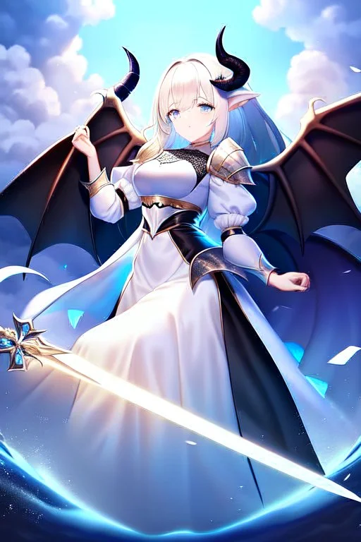 angel, demon, angel demon hybrid, half angel, half demon, black angel wings, white demon wings, black and white, balance, horns, armor, noble clothes, black and white armor, black and white clothes