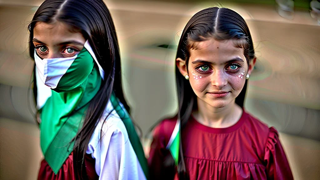 A girl wearing a Palestinian dress with tears in her eyes Her eye color is green Its color is brown Carrying the Palestinian flag