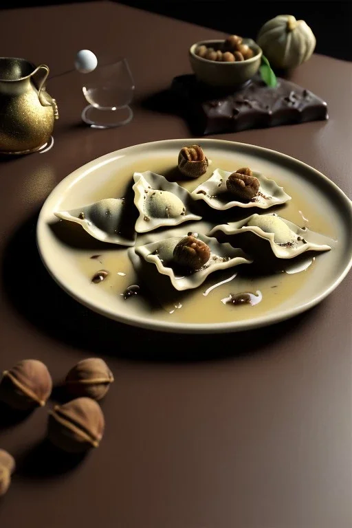 Ravioli, renaissance style still life Of Ravioli dish with natural chocolate and hazelnuts, olive oil. moisture, art, natural, ornaments, marble, gold, high kitchen, smooth, gradient color background, unreal engine 5, ray tracing, RTX, lumen lighting, ultra detail, volumetric lighting, 3d.