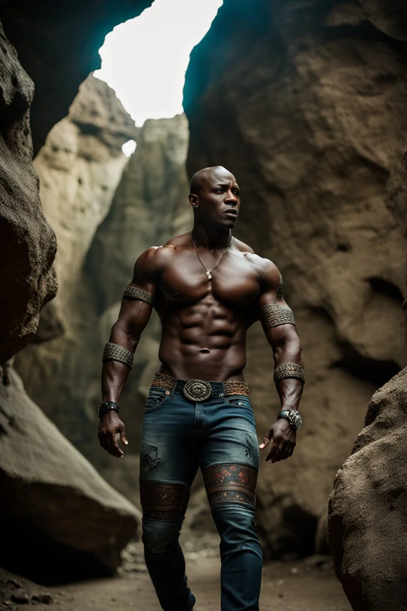 Alimi Ballard as very muscular male. bald with tribal tattoos wearing jeans and a teeshirt outside a cave