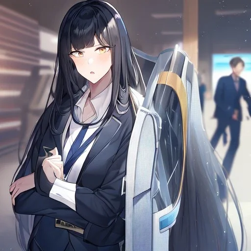 clear focus,high resolution, a anime teen, rough line, cartoon, masterpiece, best quality, dynamic pose, intricately detailed face, perfect eyes, wearing a blazer uniform, parted bangs, black long hair, chopped bangs