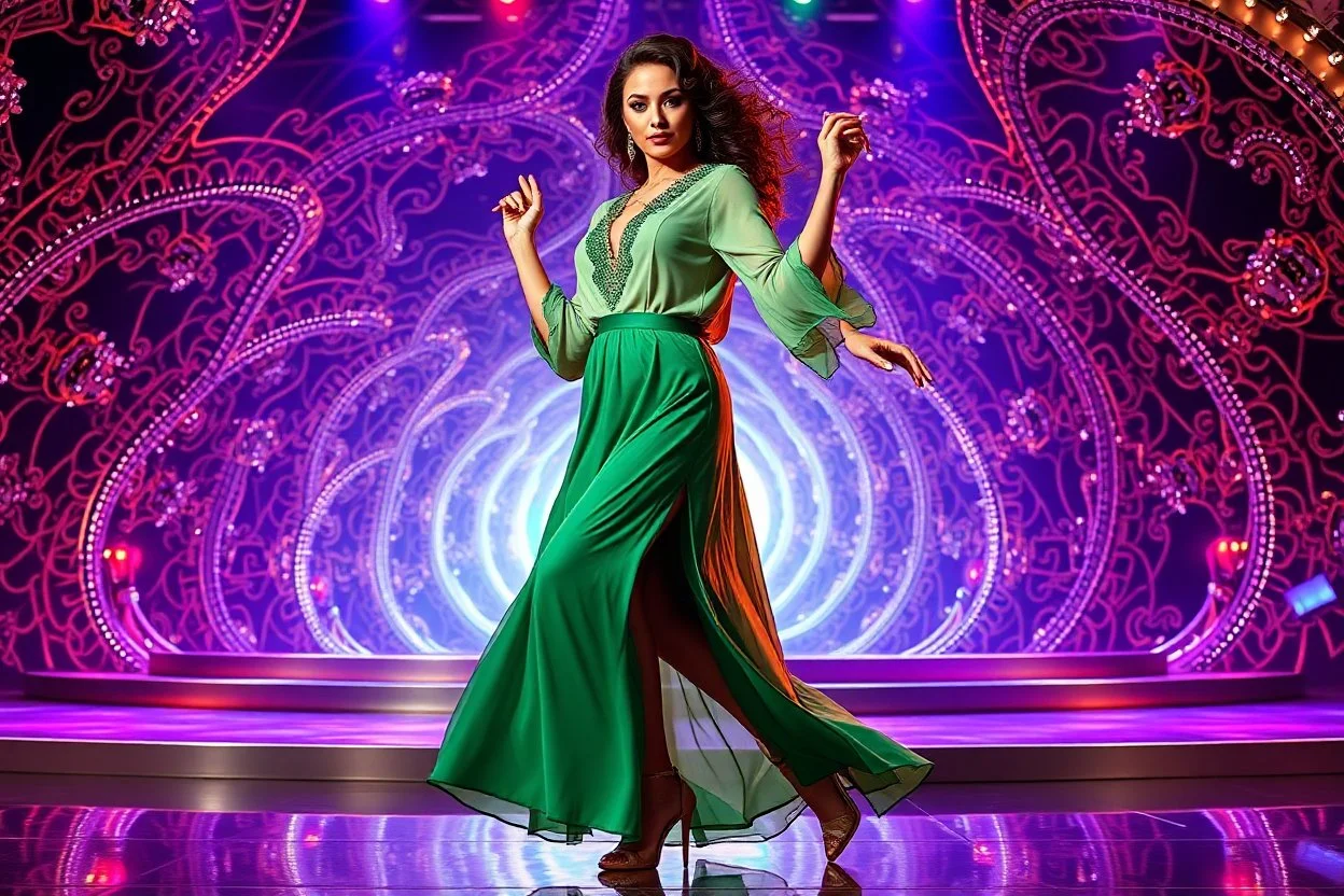 a very beautiful lady with makeup and curvy hair, wearing a pretty green jewelled long skirt with blouse and high heels, dancing over a modern stage with luxury metalic fractal recursive structures and dynamic color lights.3by 2