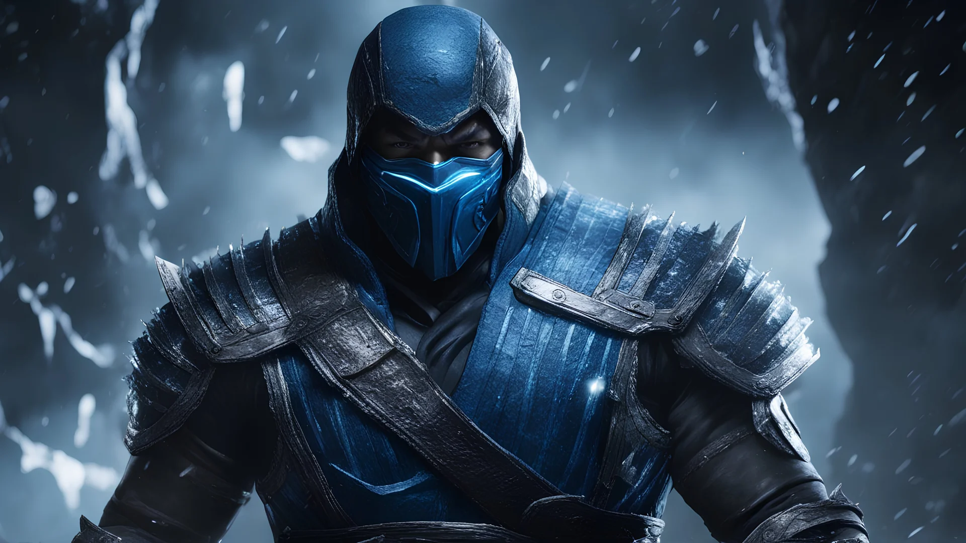Andrew Koji, Sub-Zero, ice war, fighting, movie, 4k, HD, VFX, adult, fighting, mortal kombat X aesthetics, highly detailed, dark atmosphere, detailed face, CGI, WLOP, realistic photography, full body, realistic photography, sci-fi, blue-white gel lighting, highly detailed, blue and black costume, illustrator, movie 2024, realism, super realistic, detailed setting, detailed costumes, very real face
