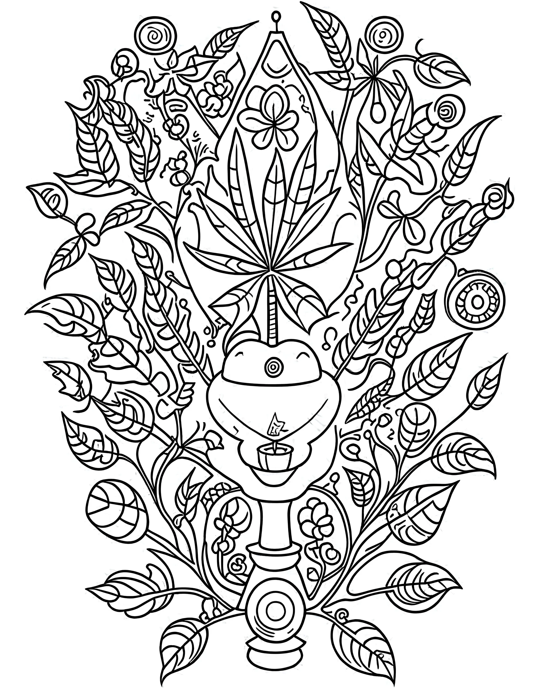 outline art for stoners coloring pages with A very simple and super minimal design featuring A mystical tree of life with cannabis leaves as the fruit., white background, sketch style, fully body, only use outline, cartoon style, clean line art, white background, no shadows and clear and well outlined