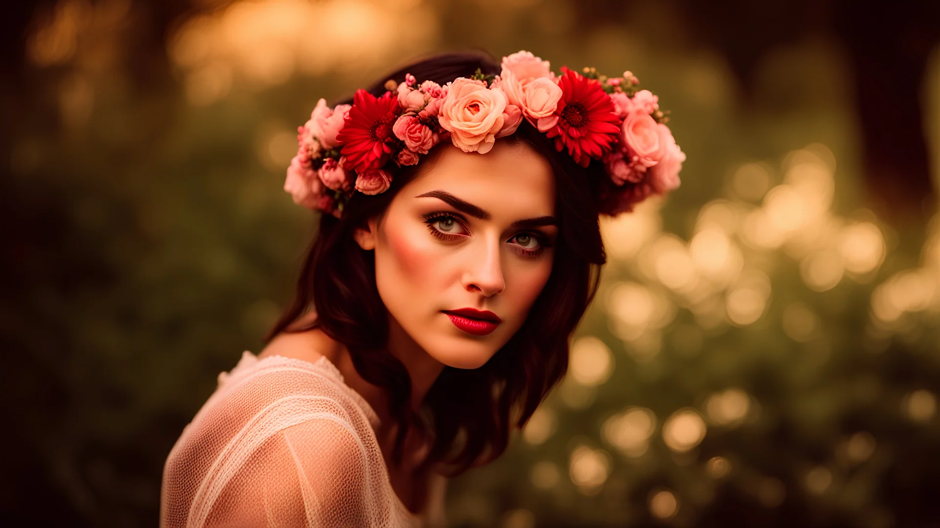 Portrait of Katty Perry with a flower crown, in the style of natural light, Fujifilm X-T4, dreamy expressions, high contrast image, bokeh effect, impressionist art, pastoral influence. elegant and sophisticated, ultra realistic --C 10, 100mm lens. Unmistakable to a photograph. Cinematic lighting. Very accurate representations and details for the photos 4k, 8k, 16k, full ultra hd, high resolution and cinematic photography --ar 3:2 --v 5 --upbeta --v 5 --Screen Space Reflections --Diffraction Gra