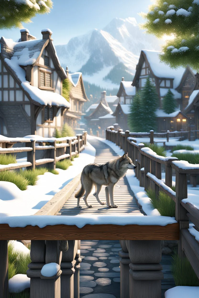 [Waterscape] Afternoon summer walking is in the village town, the main role is the gray wolf, standing on the bridge near the gardens with snow, 8K resolution, high quality, ultra graphic, and detailed with lines.