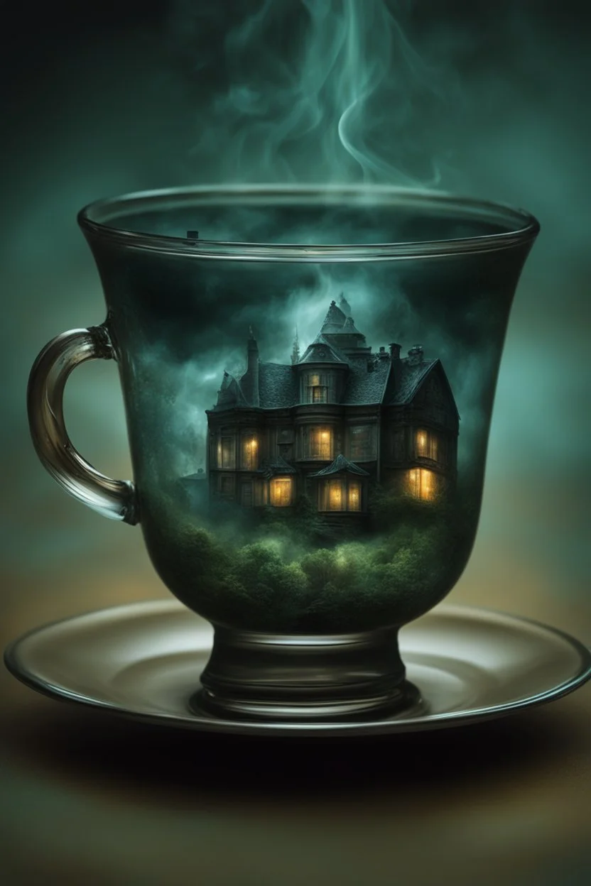 dark Storm inside a glass teacup, random background with dark colors and pale blur lights, sinister, ethereal fantasy hyperdetailed, mist, surreal, crepy stunning