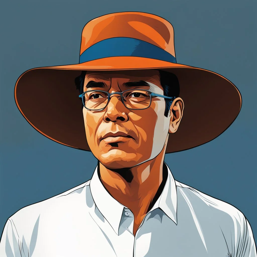 Gustavo Petro, comic style artwork, dark orange, black and blue, wearing a wide-brimmed hat, wearing a white shirt, serious and thoughtful,