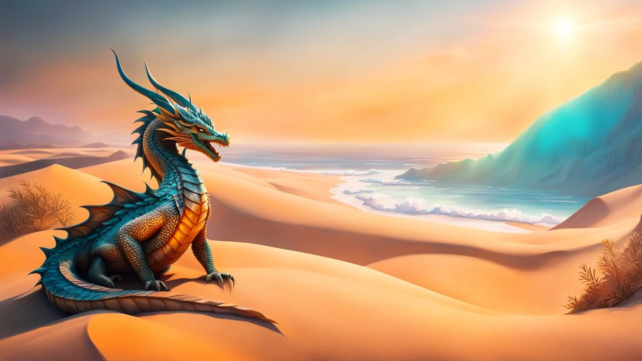 the coast of a desert seen from the top of a dune. a serene dragon looking at the ocean meditating on life. fantasy, cinematic lighting, hyper realisme, Hyperrealistic, splash art, concept art, mid shot, intricately detailed, color depth, dramatic, 2/3 face angle, side light, colorful background