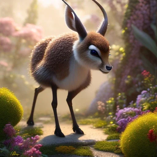 pixar style, volumetric summer garden environment and background, realistic painting of gazelle, looking excited, volumetric lighting, dramatic lighting, detailed digital painting, extreme dense and fine fur, anime, ornate, colour-washed colors, elegant, small minutiae, tiny features, particulars, centered, smooth, sharp focus, renderman gofur render, 8k, uhd, detailed eyes, realistic shaded volumetric lighting, sunlight caustics, backlight, centered camera view