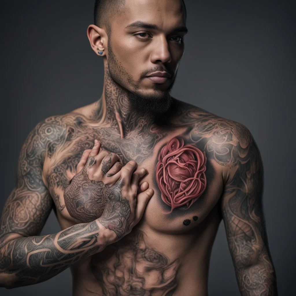 man with light skin with the entire cardiovascular system tattooed, nikon 70mm lens, photo, professional studio photo, very real