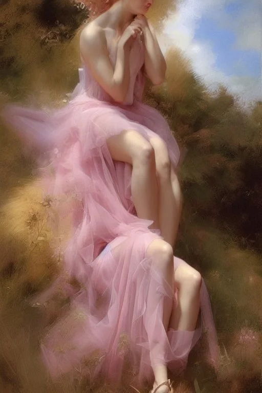 Spring goddess, Portrait of a full visible figure beautiful blond woman wearing a vaporous soft pink tulle dress, fully visible slender legs, beautiful face elegant extremely detailed intricate very attractive beautiful crisp quality Michelangelo Daniel Gerhartz