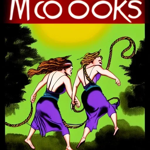 Two women skipping with a rope while demons and angry gods fight in the background, in the style of a Michael Moorcock book cover.