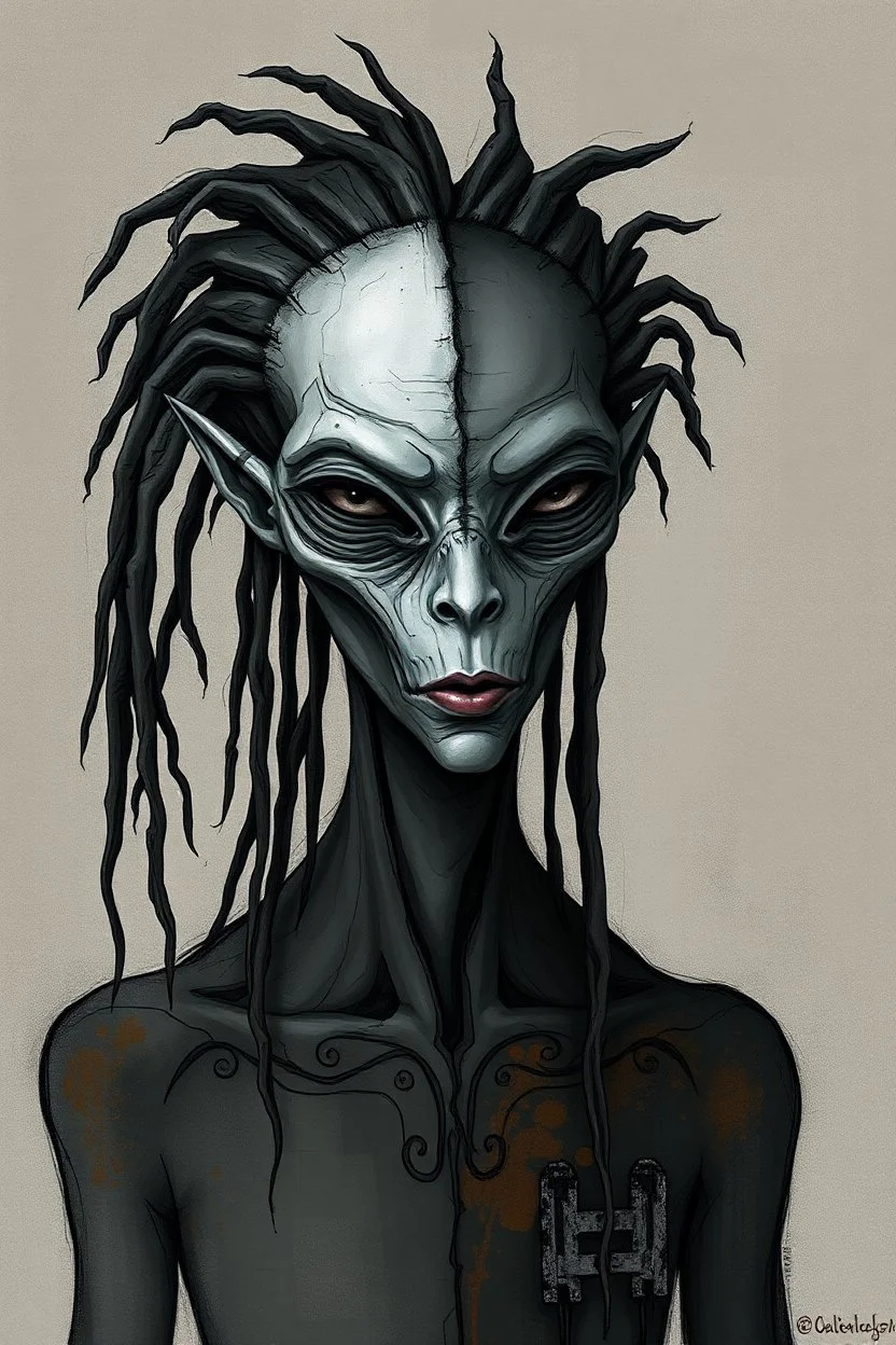 abstract half-alien with grey skin and dreads