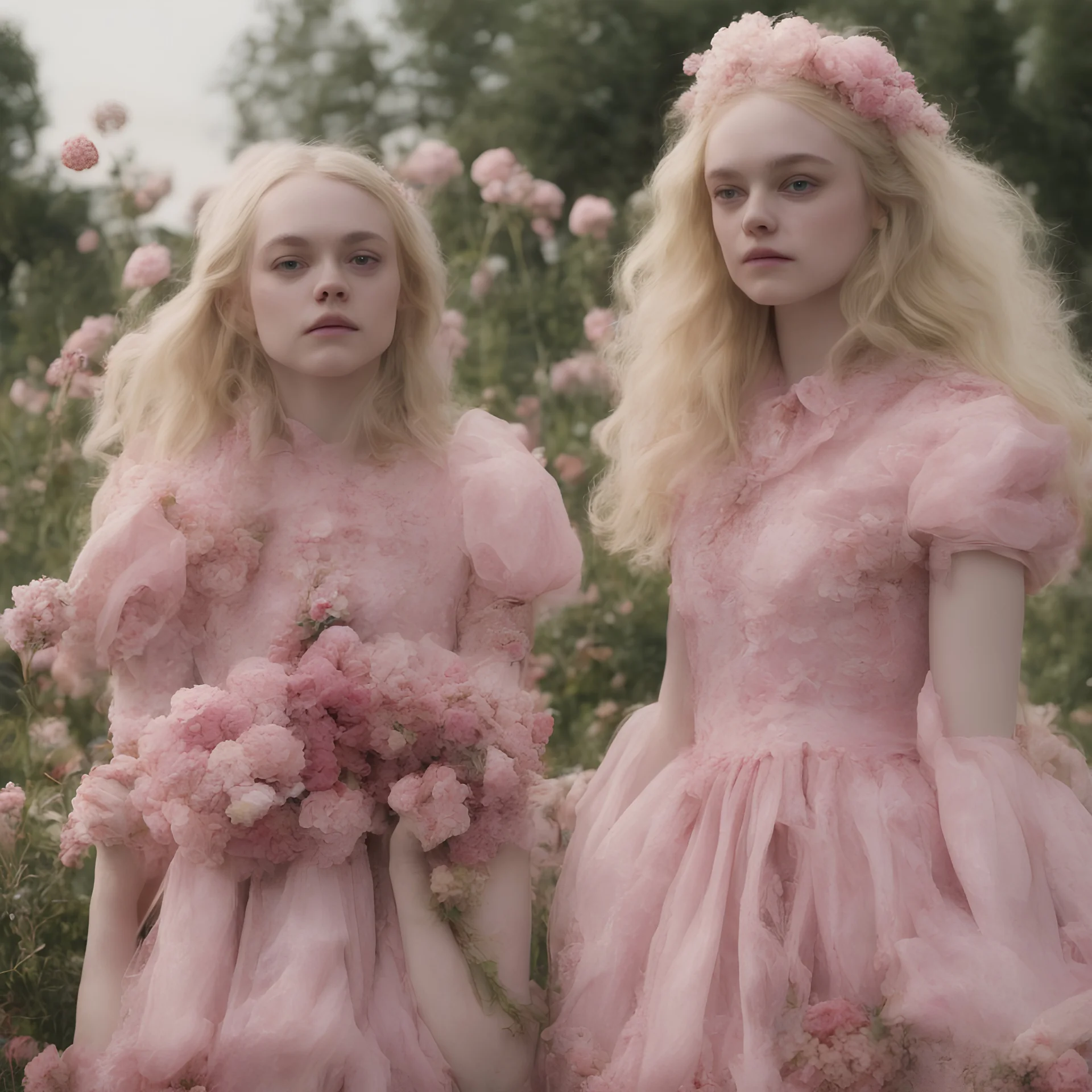 Elle fanning and dakota fanning as flowers, pink, in the future