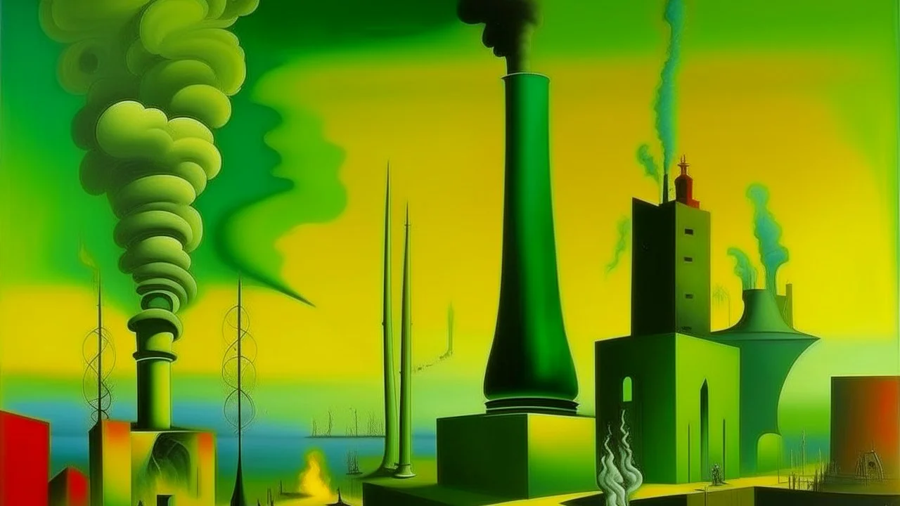 surrealism, painting, oil on canvas, Salvador Dali, industrial landscape, factory, chimney, smoke, green sky, yellow ground, abstract objects, arches, sculptures, geometric shapes, surreal, detailed, 1930s, European art, colorful, architectural elements