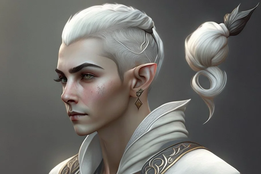 A Fantasy elf, a white masculine elf with black short hair tied up in a bun. Full body, HD